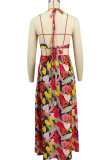 Red Elegant Print Hollow Out Patchwork Backless Strap Design Halter Long Dresses