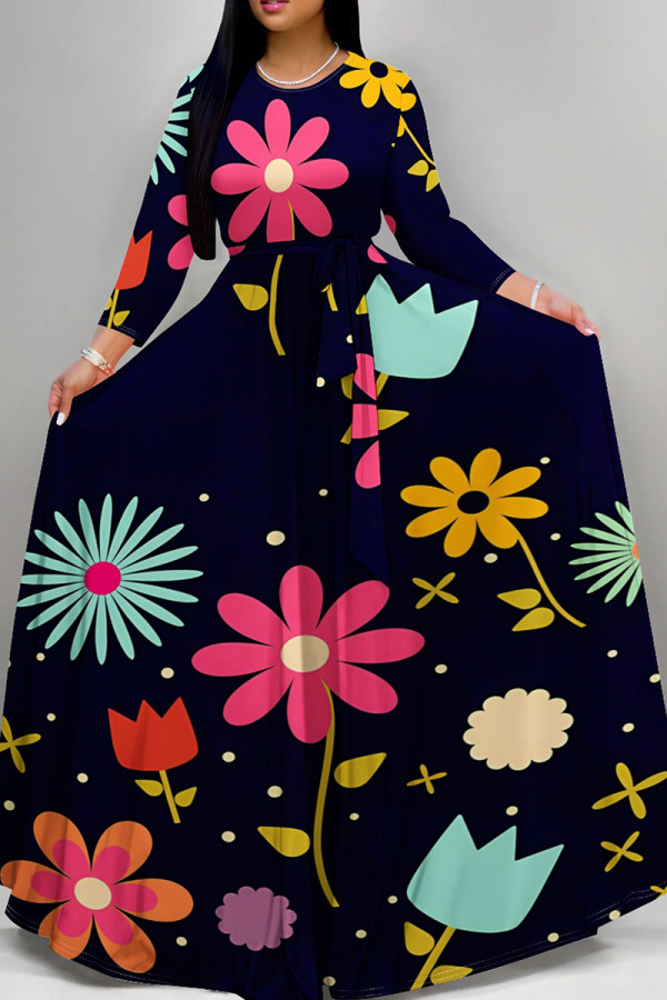 Deep Blue Elegant Print Patchwork Strap Design O Neck Long Dresses