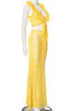 Yellow Sexy Solid Color Lace Hollow Out Patchwork Strap Design Deep V Neck Sleeveless Two Pieces