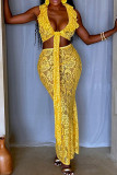 Yellow Sexy Solid Color Lace Hollow Out Patchwork Strap Design Deep V Neck Sleeveless Two Pieces