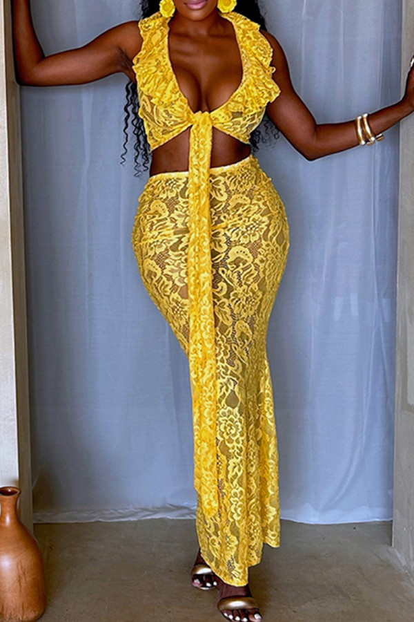 Yellow Sexy Solid Color Lace Hollow Out Patchwork Strap Design Deep V Neck Sleeveless Two Pieces