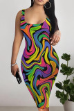 Colour Sexy Geometric Print Contrast U Neck Printed Dresses