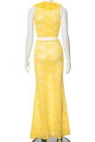 Yellow Sexy Solid Color Lace Hollow Out Patchwork Strap Design Deep V Neck Sleeveless Two Pieces