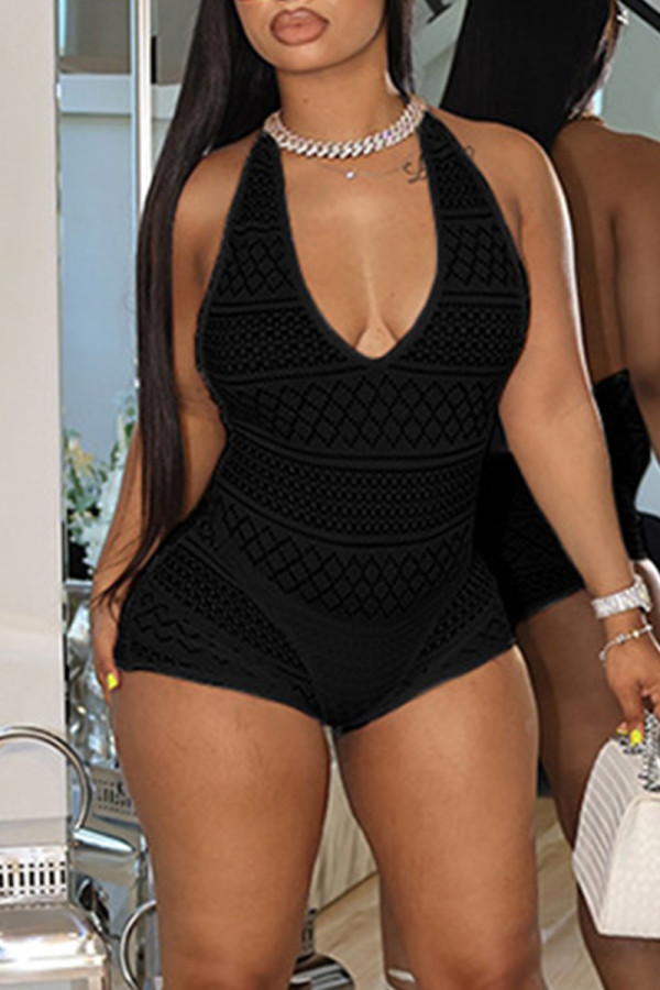 Black Sexy Solid Color Hollow Out Patchwork See-Through Deep V Neck Skinny Rompers