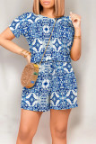 Black Casual Street National Totem Print Draw String Pocket O Neck Loose Rompers