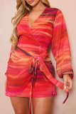 Red Sexy Print Patchwork Strap Design V Neck Wrapped Skirt Dresses