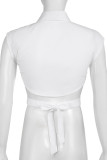 White Street Solid Color Hollow Out Buckle Patchwork Turndown Collar T-Shirts