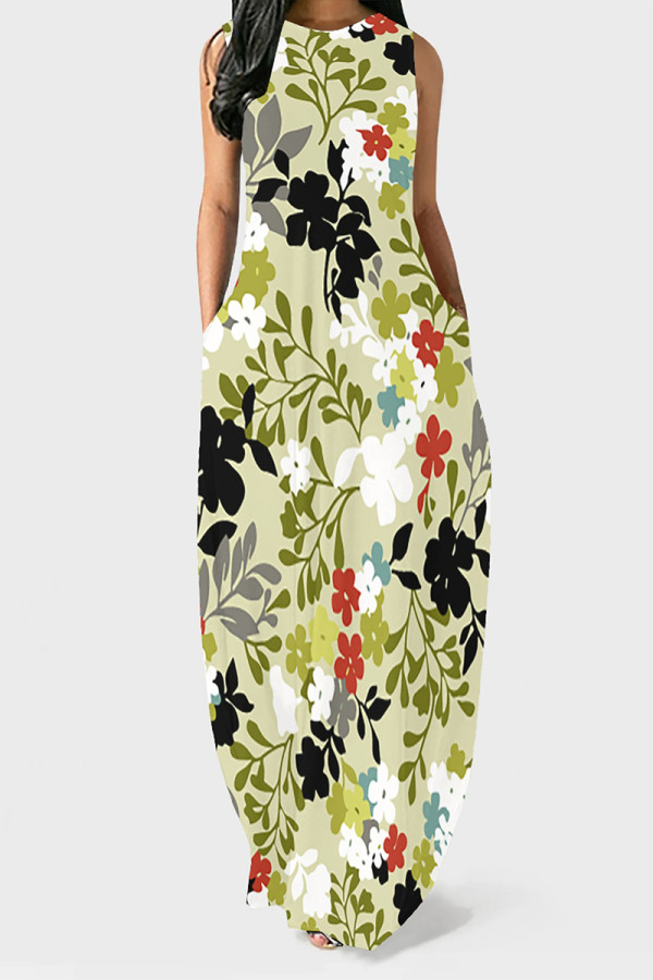 Light Green Casual Street Floral Print Pocket O Neck Vest Dresses