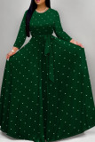 Burgundy Elegant Polka Dot Patchwork Strap Design O Neck Long Dresses