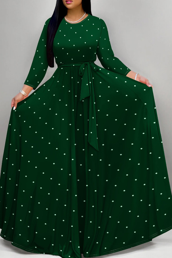 Ink Green Elegant Polka Dot Patchwork Strap Design O Neck Long Dresses