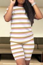 Khaki Casual Stripe Patchwork O Neck Short Sleeve Two Pieces