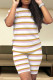 Khaki Casual Stripe Patchwork O Neck Short Sleeve Two Pieces