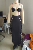 Pink Celebrities Hollow Out Patchwork Backless Ruffled Trim Spaghetti Strap Sleeveless Two Pieces