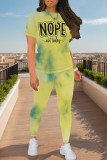 Fluorescent Yellow Casual Print Patchwork O Neck Short Sleeve Two Pieces