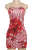 Red Sexy Print Hollow Out Patchwork Backless Strapless Sheath Dresses