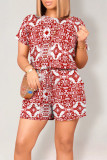 Black Casual Street National Totem Print Draw String Pocket O Neck Loose Rompers