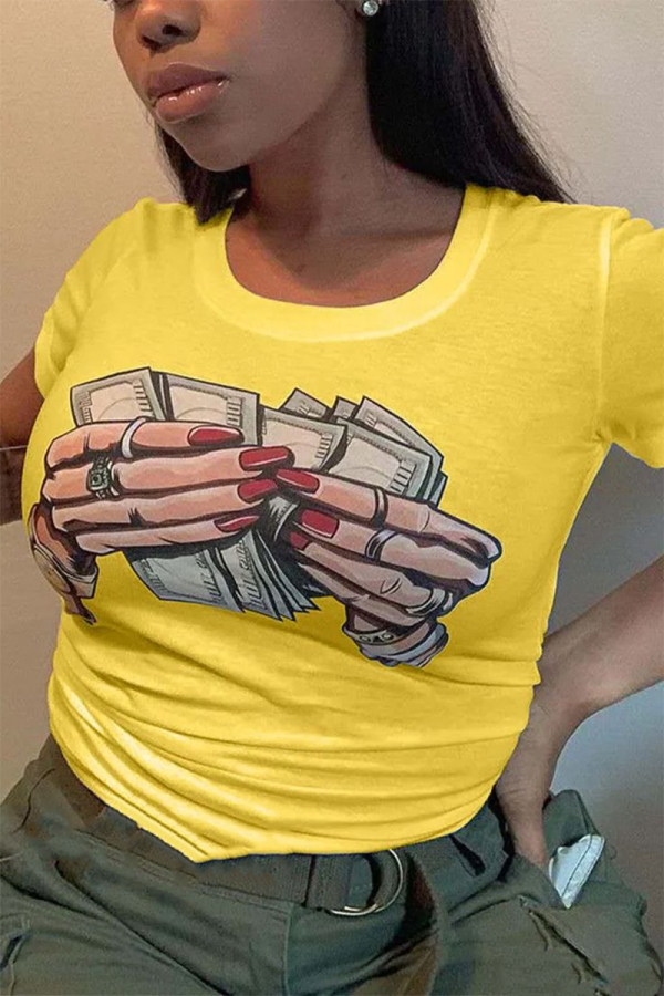 Yellow Casual Street Graffiti Print O Neck T-Shirts