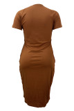Coffee Elegant Solid Color Patchwork O Neck Wrapped Skirt Plus Size Dresses