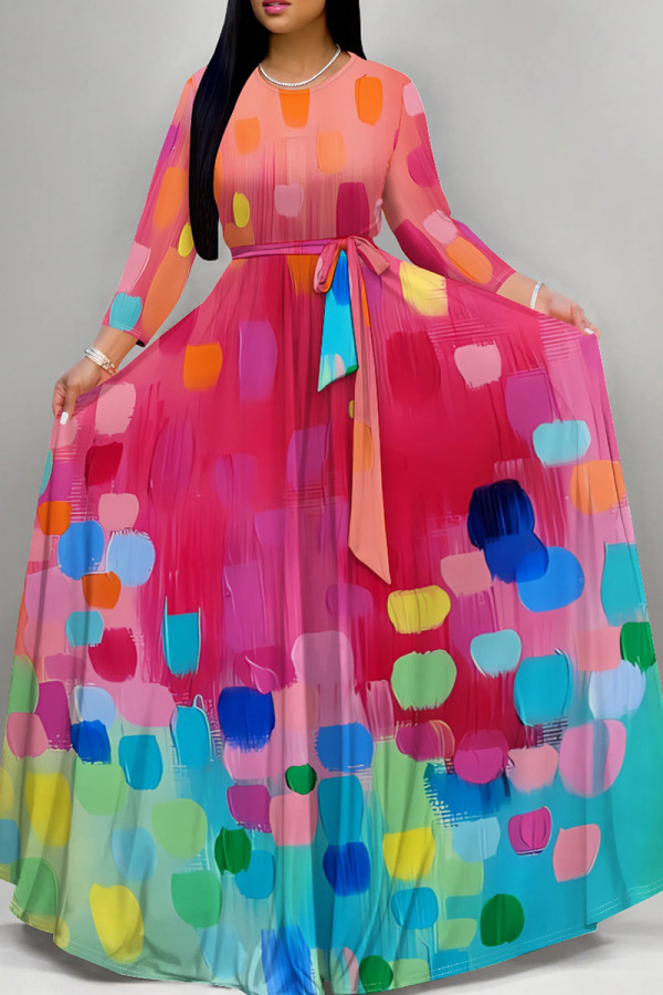 Rose Pink Elegant Print Patchwork Strap Design O Neck Long Dresses