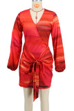 Red Sexy Print Patchwork Strap Design V Neck Wrapped Skirt Dresses