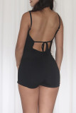 Black Sexy Print Patchwork Backless Bow Decor Spaghetti Strap Skinny Rompers