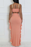 Pink Celebrities Hollow Out Patchwork Backless Ruffled Trim Spaghetti Strap Sleeveless Two Pieces