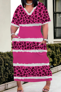 Rose Red Street Print Pocket Patchwork V Neck Straight Plus Size Dresses