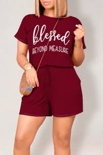 Burgundy Casual Daily Letter Print Pocket Lace Up O Neck Loose Rompers