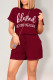 Burgundy Casual Daily Letter Print Pocket Lace Up O Neck Loose Rompers