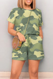 Gray White Casual Street Camouflage Print Draw String Pocket O Neck Loose Rompers