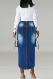 Blue Street Pocket Buttons Patchwork High Slit Zipper Straight Plus Size 