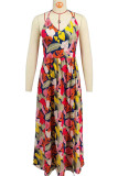 Red Elegant Print Hollow Out Patchwork Backless Strap Design Halter Long Dresses
