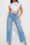 White Street Solid Color Hollow Out Buckle Patchwork Turndown Collar T-Shirts