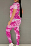 Fluorescent Yellow Casual Print Patchwork O Neck Short Sleeve Two Pieces
