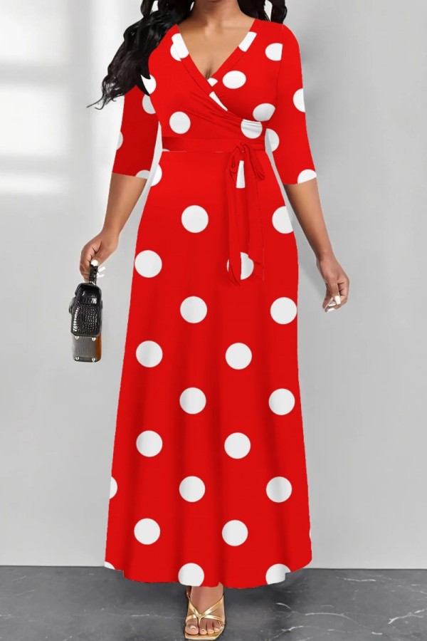 Red Casual Polka Dot Print Patchwork Belted V Neck Long Dresses