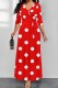 Red Casual Polka Dot Print Patchwork Belted V Neck Long Dresses