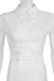 White Street Solid Color Hollow Out Buckle Patchwork Turndown Collar T-Shirts