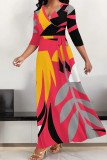 Red Elegant Print Patchwork Strap Design V Neck Long Dresses