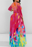 Deep Blue Elegant Print Patchwork Strap Design O Neck Long Dresses