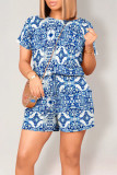 Black Casual Street National Totem Print Draw String Pocket O Neck Loose Rompers