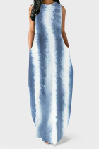 Blue Casual Daily Striped Print Pocket Contrast O Neck Vest Dresses