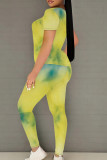 Fluorescent Yellow Casual Print Patchwork O Neck Short Sleeve Two Pieces