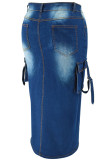 Blue Street Pocket Buttons Patchwork High Slit Zipper Straight Plus Size 