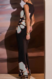 Black Celebrities Print Hollow Out Patchwork O Neck Long Dresses