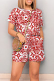 Black Casual Street National Totem Print Draw String Pocket O Neck Loose Rompers