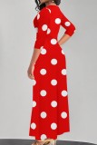 Red Casual Polka Dot Print Patchwork Belted V Neck Long Dresses