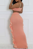 Pink Celebrities Hollow Out Patchwork Backless Ruffled Trim Spaghetti Strap Sleeveless Two Pieces