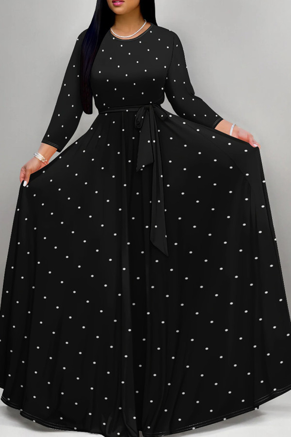 Black And White Elegant Polka Dot Patchwork Strap Design O Neck Long Dresses