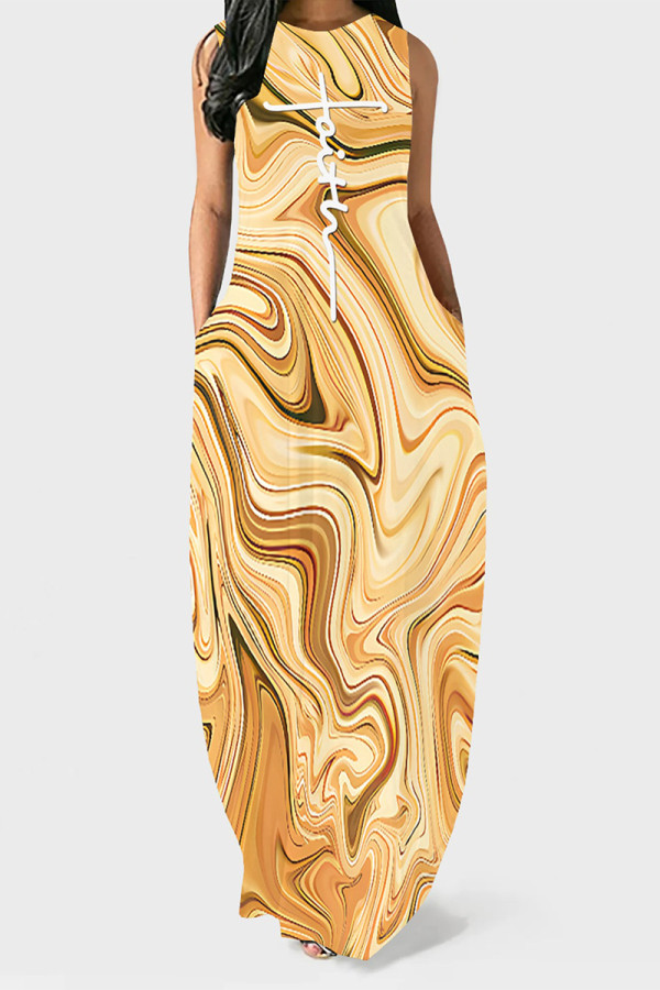 Yellow Casual Street Leopard Print Lips Print Pocket Contrast O Neck Vest Dresses