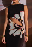 Black Celebrities Print Hollow Out Patchwork O Neck Long Dresses